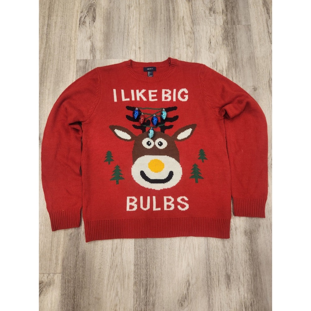 Forever 21 I Like Big Bulbs Christmas‎ Deer Women's Ugly Sweater Size Large Red